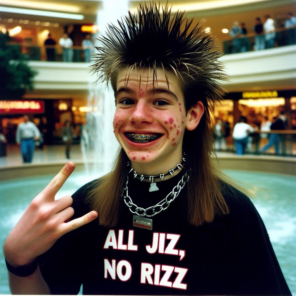 This meme features a young man with a distinctive hairstyle, often referred to as a "mullet" or "spike" haircut, and a style of clothing and jewelry that was popular among young people in the 1980s and 1990s. The text on his shirt reads "ALL JIZ, NO RIZZ", a play on the phrase "all juice, no fizz" that is likely a humorous reference to a popular drink or a joke about the character's personality. The image is likely intended to be humorous or ironic, and may be used to express a sense of rebellion or nonconformity.